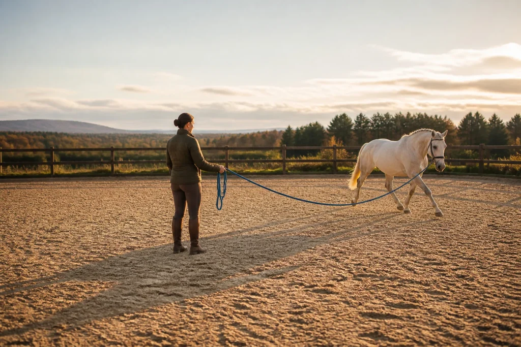 Longe et cheval au coucher du soleil