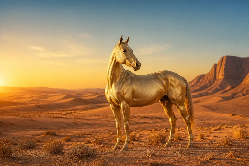 Akhal teke dore au coucher du soleil