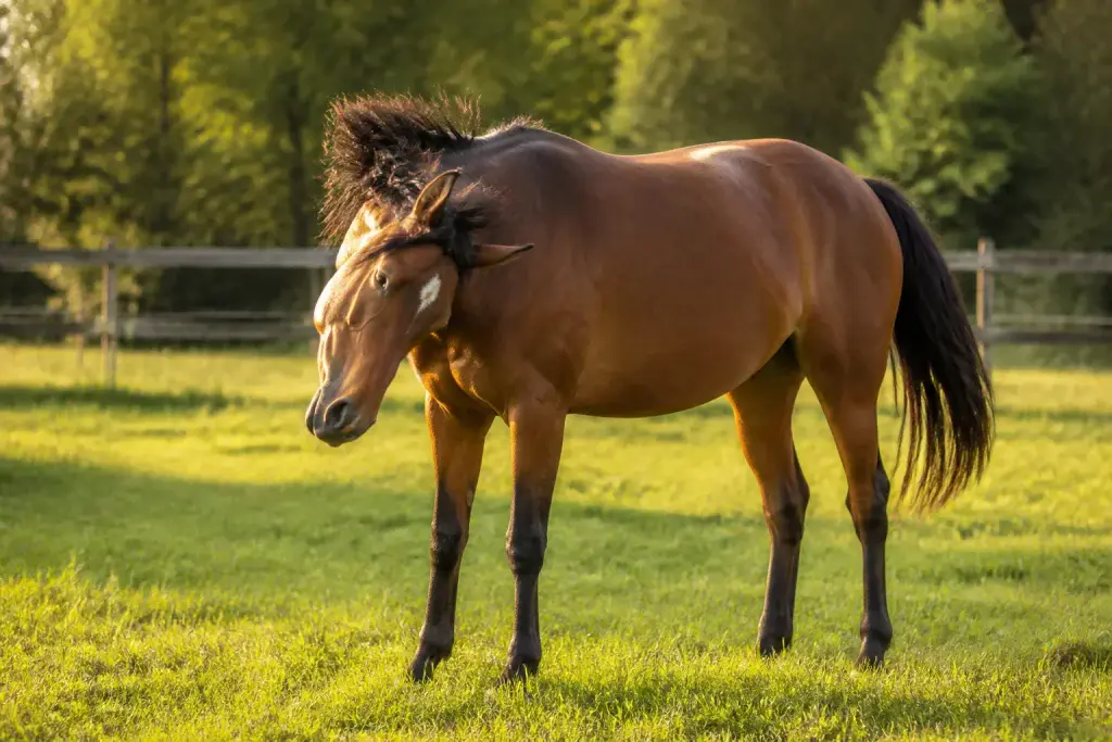 Cheval bai secouant la tete au soleil