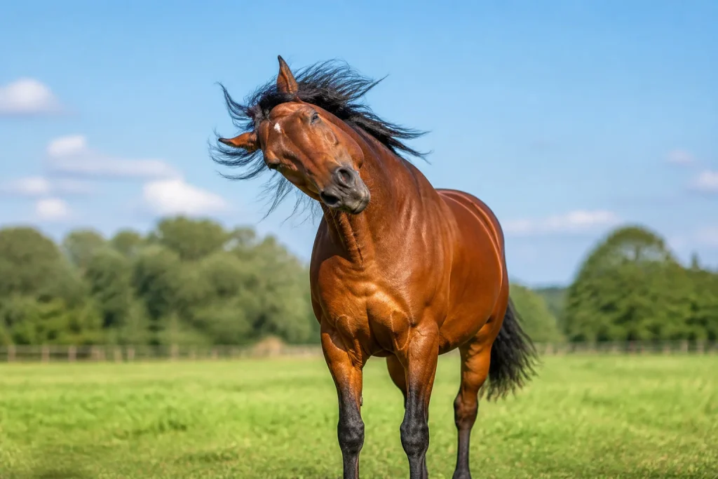 Cheval brun secouant la tete au soleil
