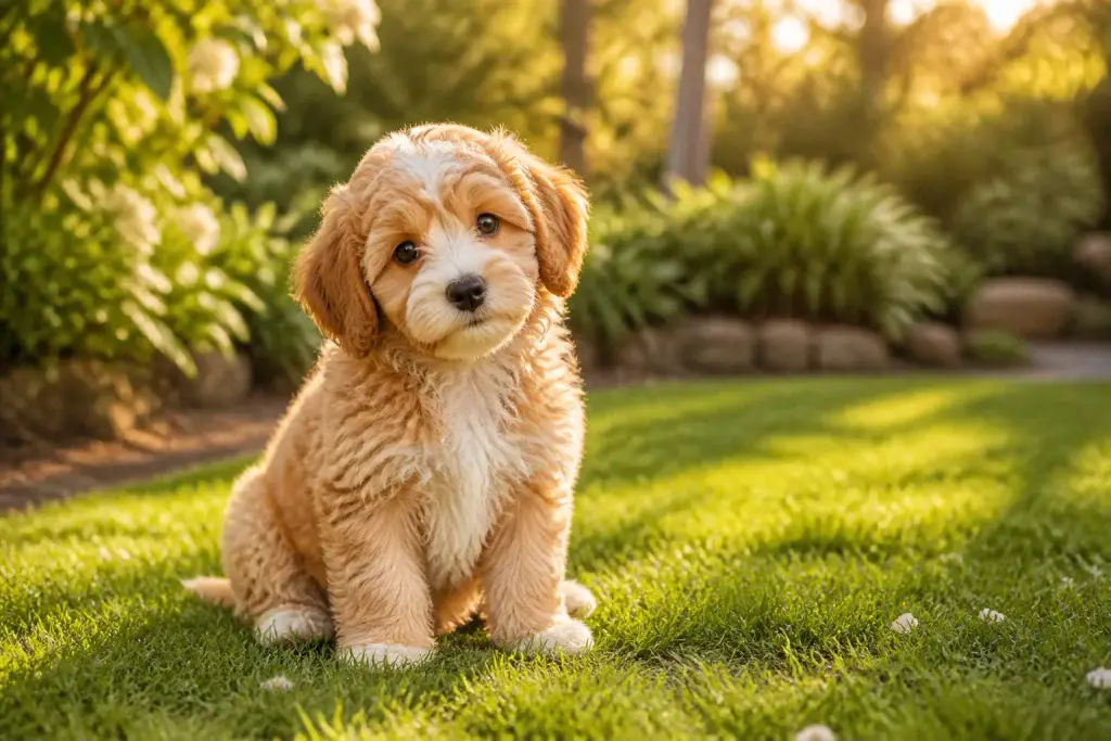 Adorable cockapoo dans un jardin ensoleille