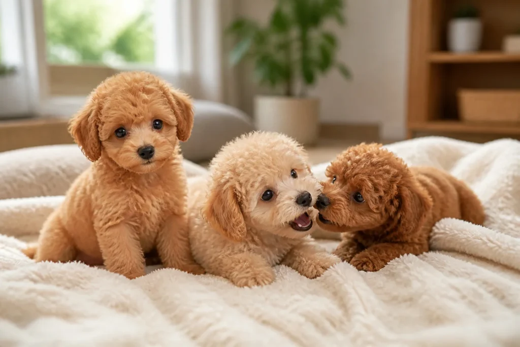 Trois adorables chiots caniches jouant