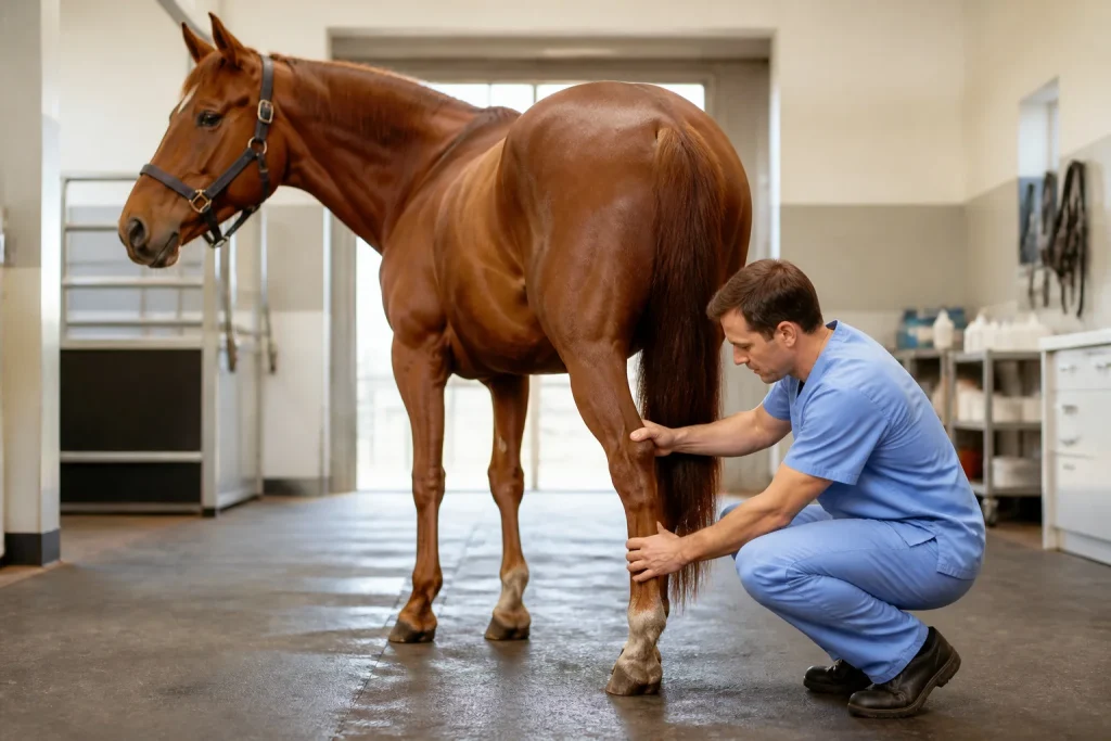 Veterinaire examinant la jambe dun cheval