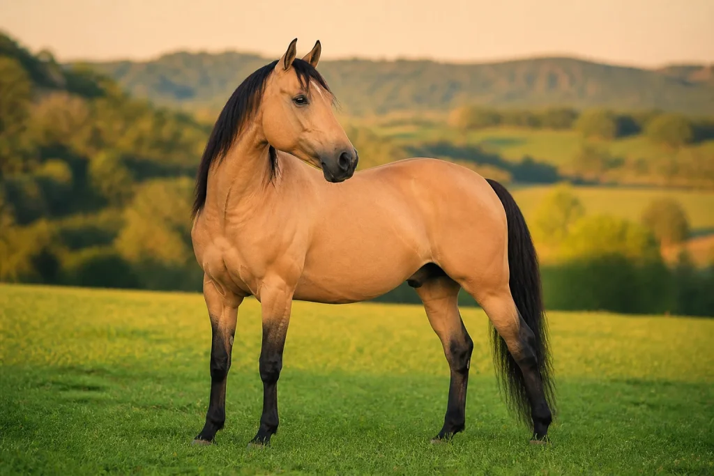 Cheval isabelle majestueux au crepuscule