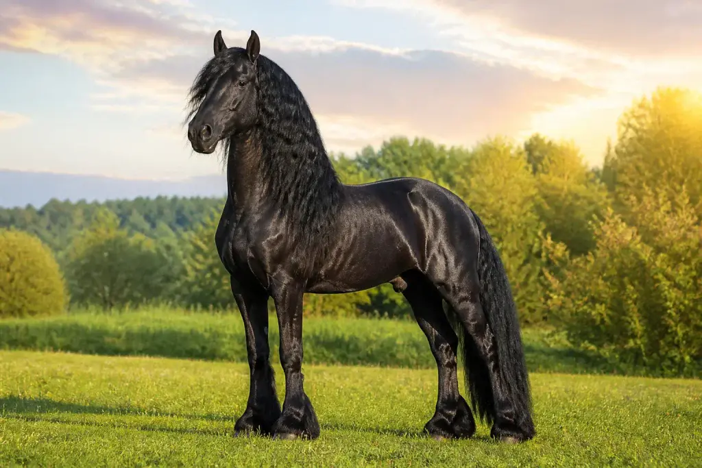 Majestueux cheval frison dans un pre dore