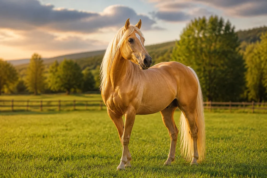 Majestueux cheval palomino au coucher du soleil