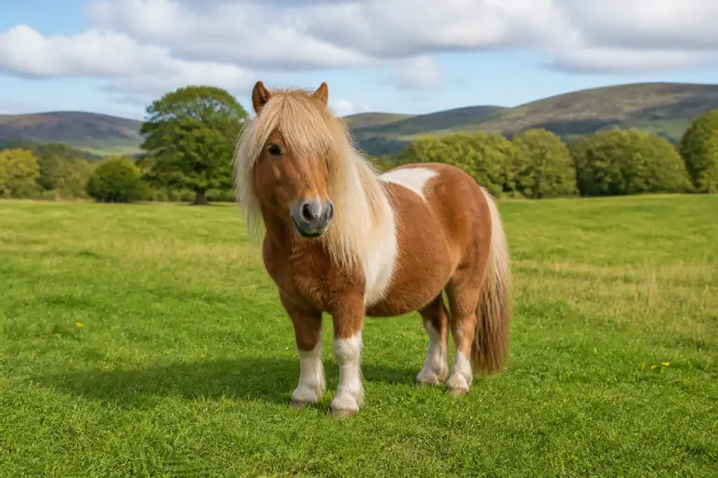 Poney adorable dans un pre verdoyant