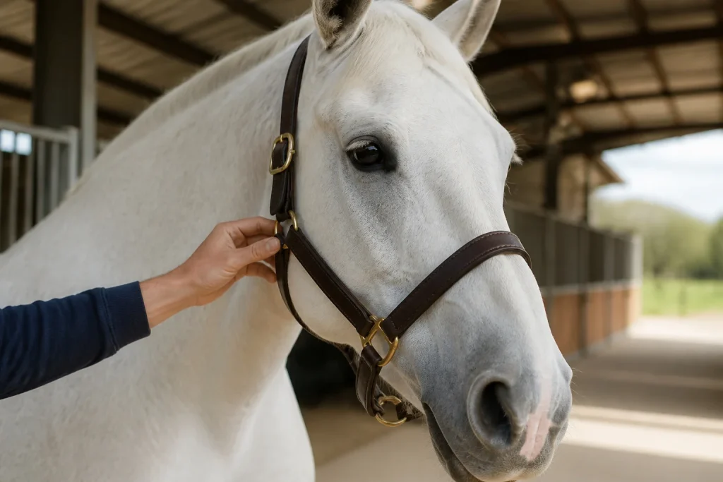 Cheval majestueux et son licol en cuir