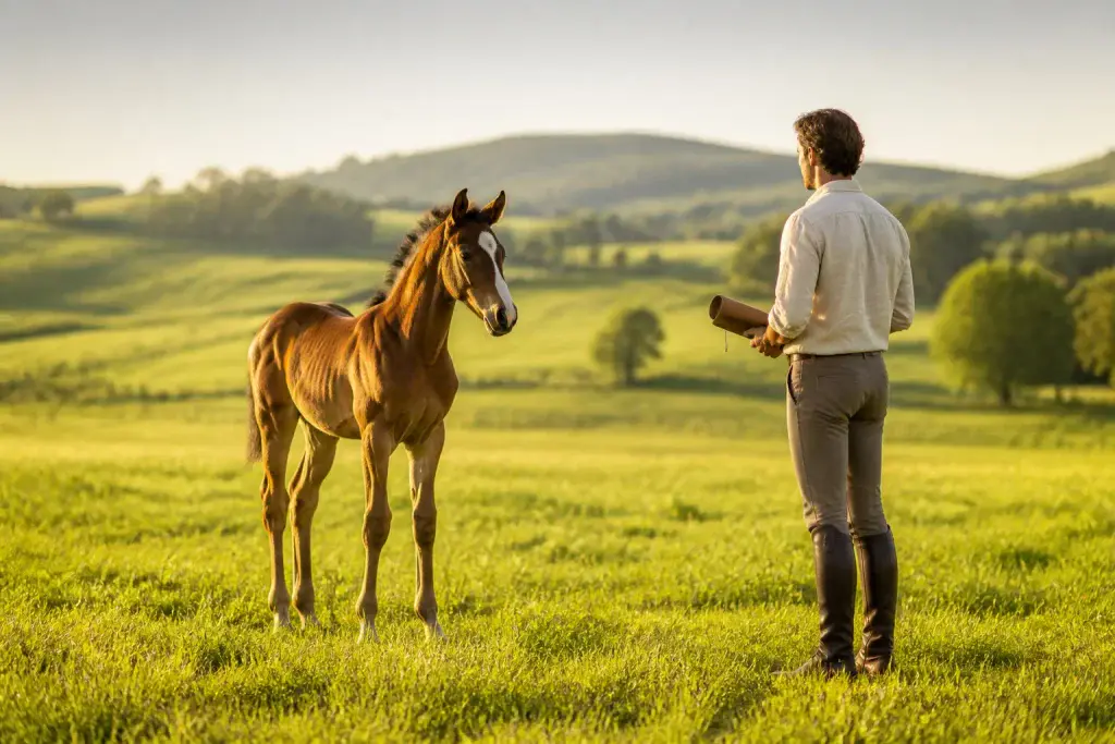 Jeune poulain et son gardien au crepuscule