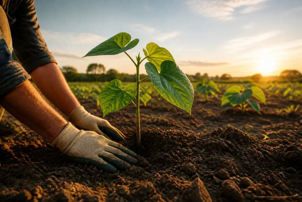Plantation de paulownia au lever du soleil