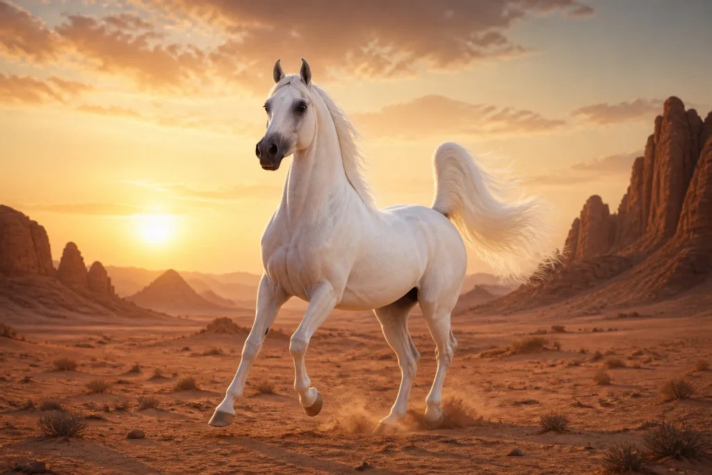 Cheval arabe majestueux au coucher du soleil