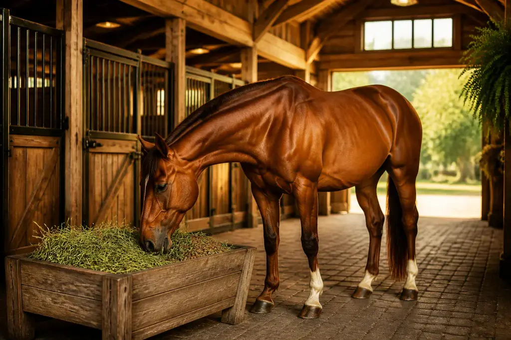 Cheval sain mangeant dans un abreuvoir rustique
