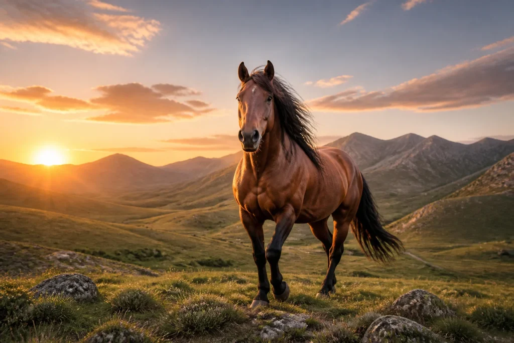 Cheval majestueux au coucher du soleil