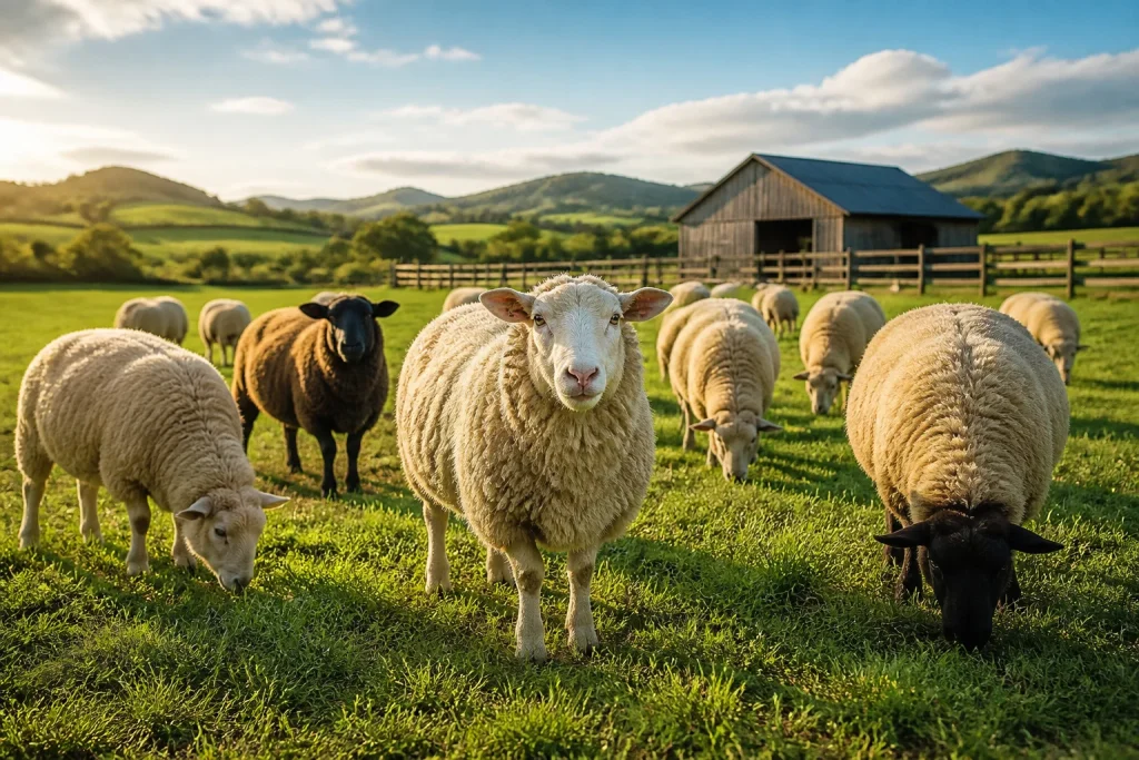 Moutons paisibles dans un pre verdoyant