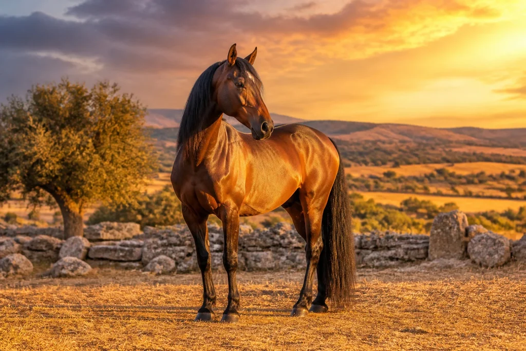 Cheval lusitanien au coucher du soleil