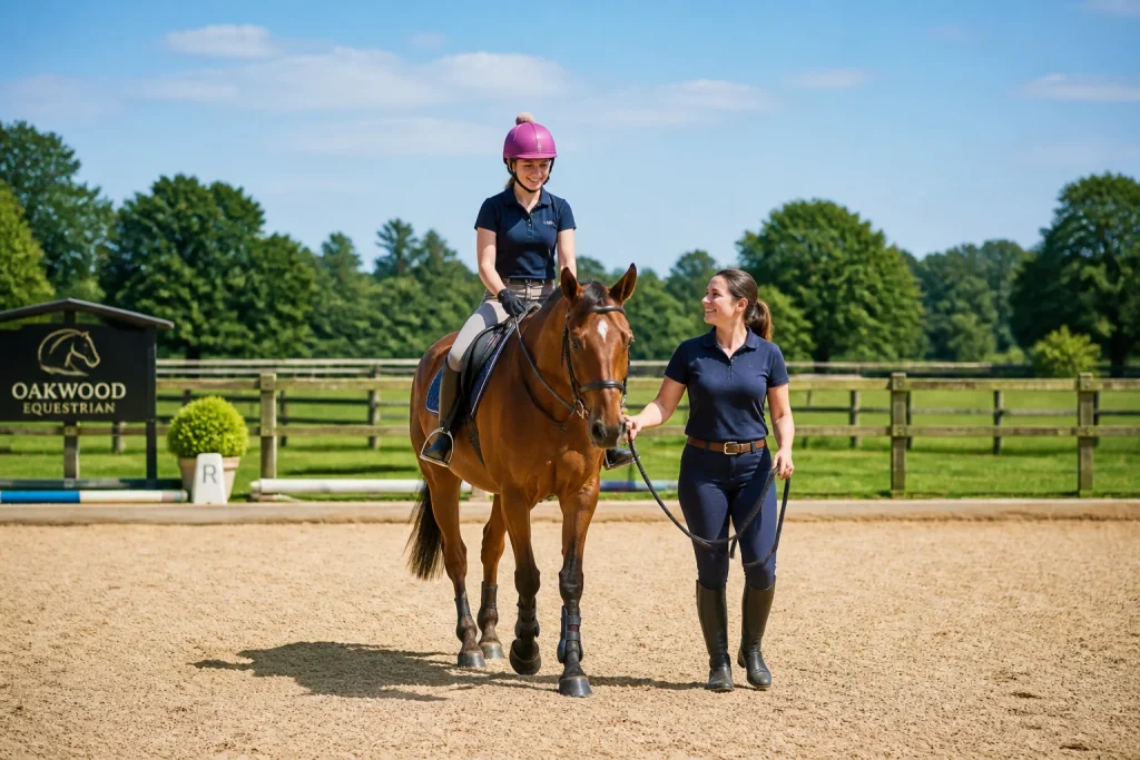 Apprentissage equestre dans une carriere ensoleillee