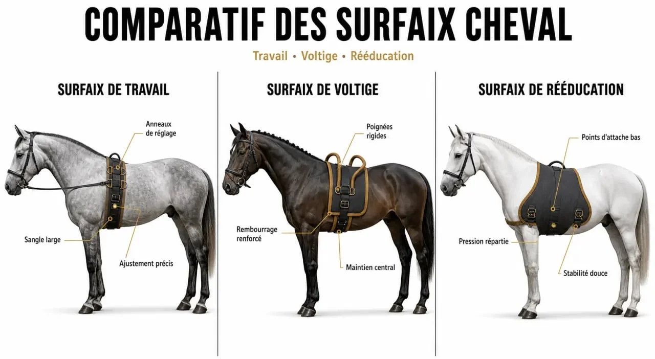 Comparatif surfaix cheval entre travail, voltige et rééducation