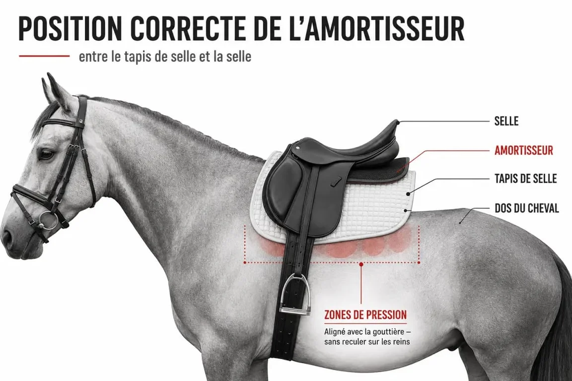 Schéma de positionnement d’un amortisseur pour cheval entre le tapis de selle et la selle