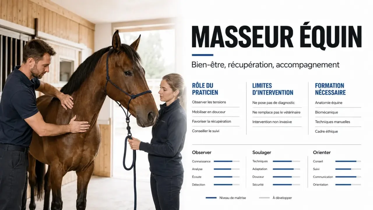 Masseur équin en séance dans une écurie, visuel éditorial sobre