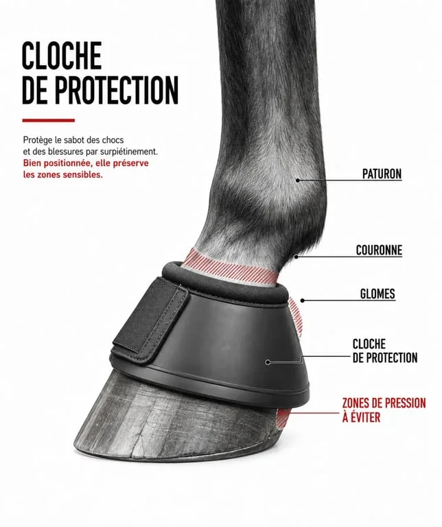 Schéma d’une cloche pour cheval montrant la protection des glomes et de la couronne