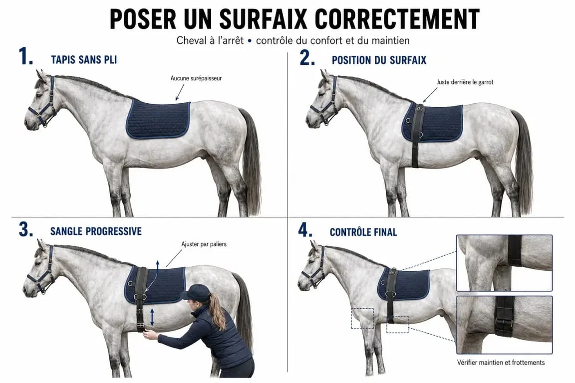 Pose d’un surfaix cheval avec tapis et vérification du réglage