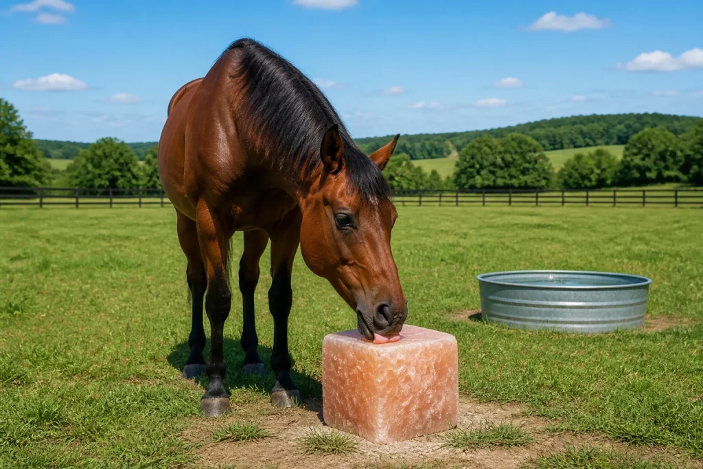 Cheval savourant un bloc de sel rose