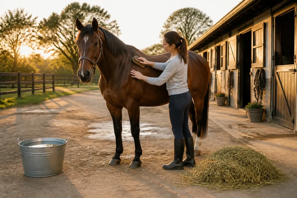 Moment de soin equin au coucher du soleil